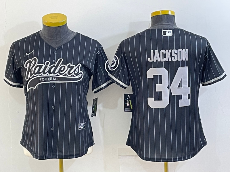 Women's Las Vegas Raiders #34 Bo Jackson Black With Patch Cool Base Stitched Baseball Jersey(Run Small) Women's Las Vegas Raiders #34 Bo Jackson Black With Patch Cool Base Stitched Baseball Jersey(Run Small)